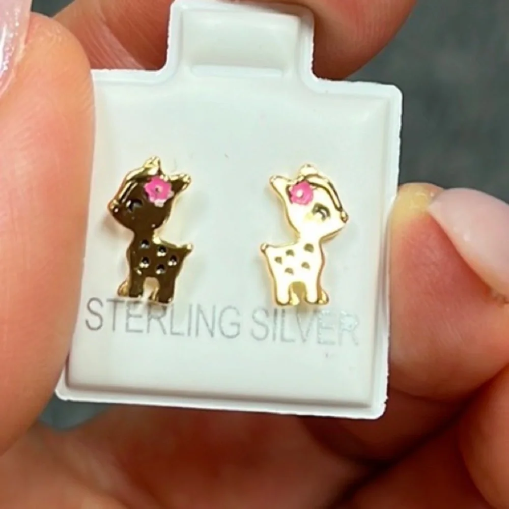 Kids Earrings 14k gold plated Enamel Flower Deer